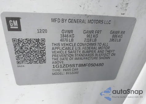 2021 Chevrolet Malibu Fwd Lt z USA, uszkodzony, nr VIN 1G1ZD5ST8MF050480